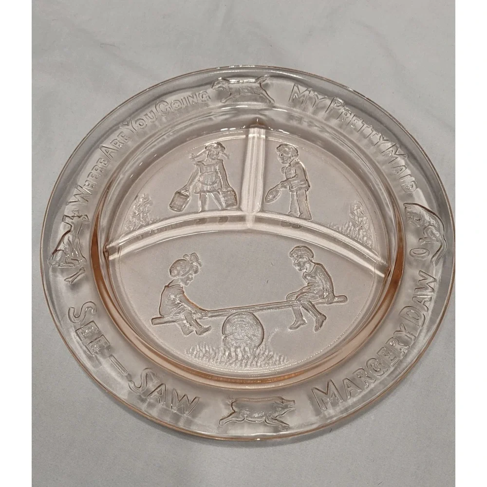 Vintage pink depression children's divided plate featuring nursery rhyme